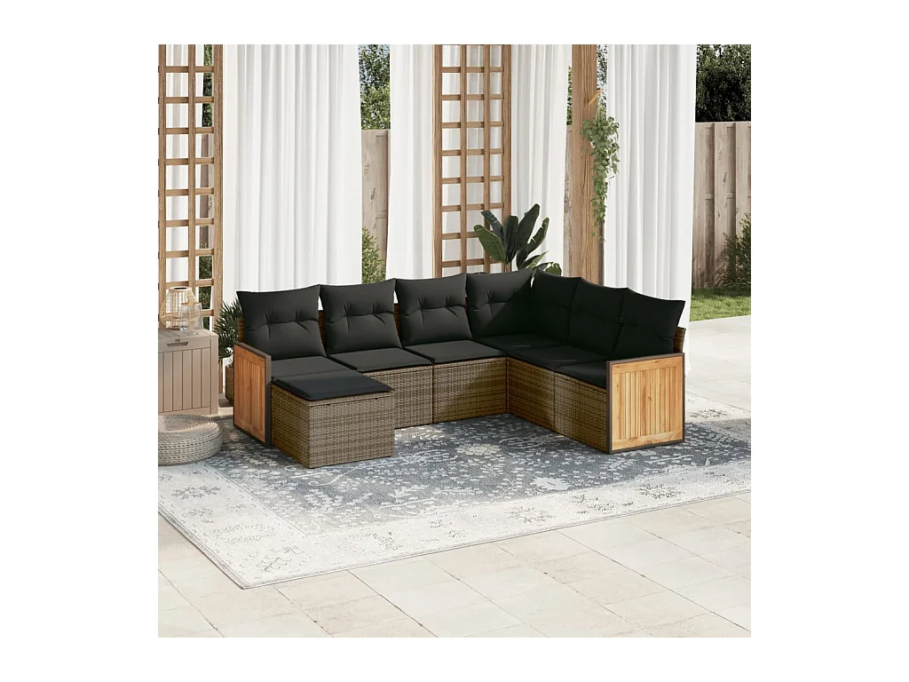 7-delige Loungeset met kussens poly rattan grijs