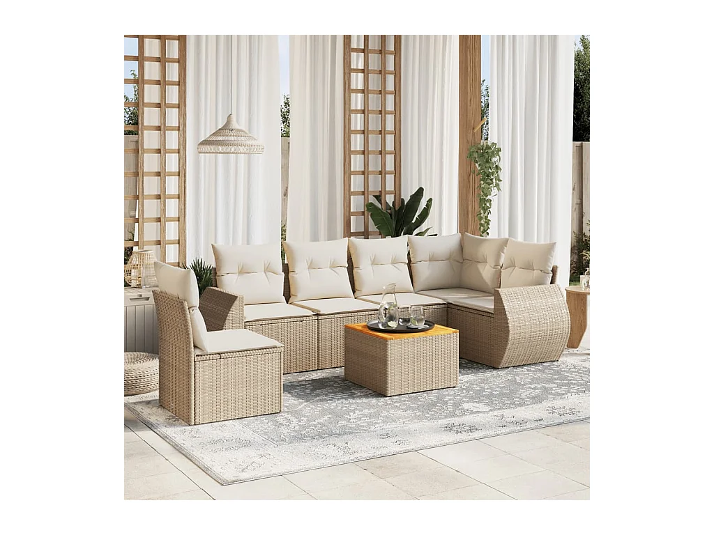 Salon de jardin avec coussins 7 pcs beige résine tressée