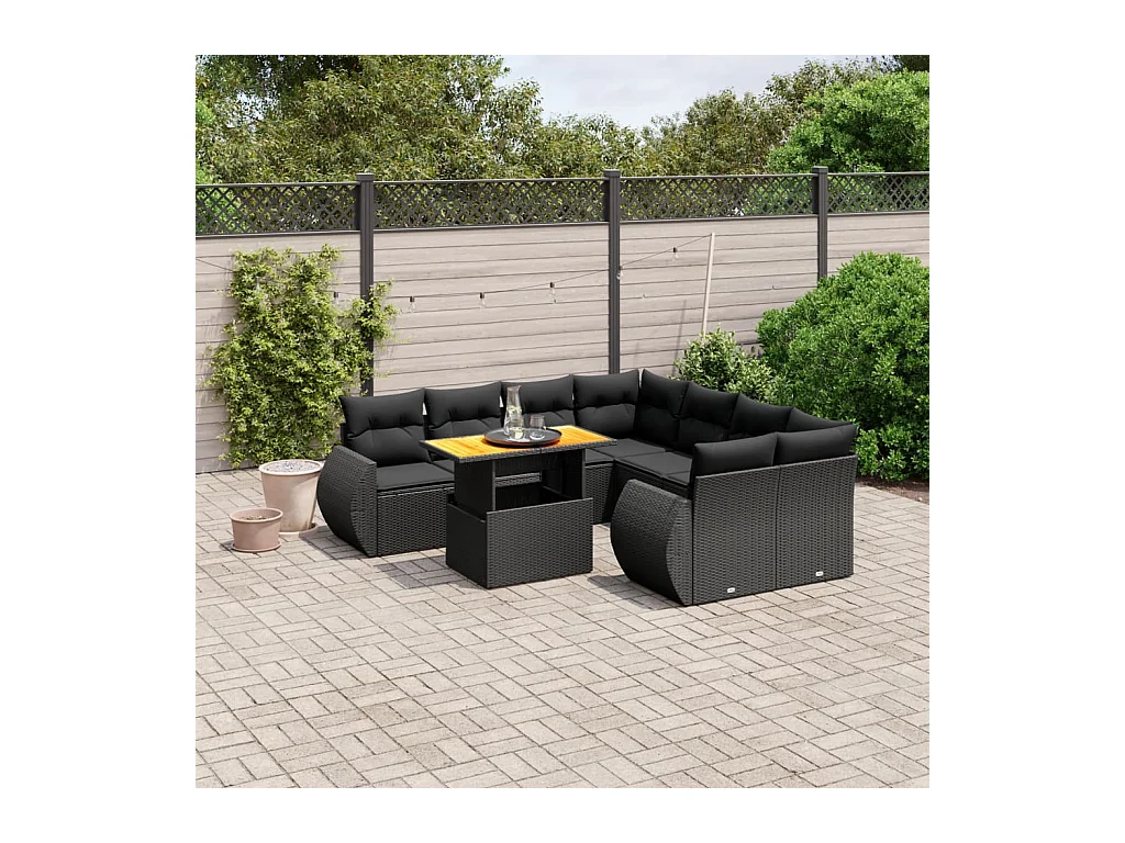 Salon de jardin 9 pcs avec coussins noir résine tressée