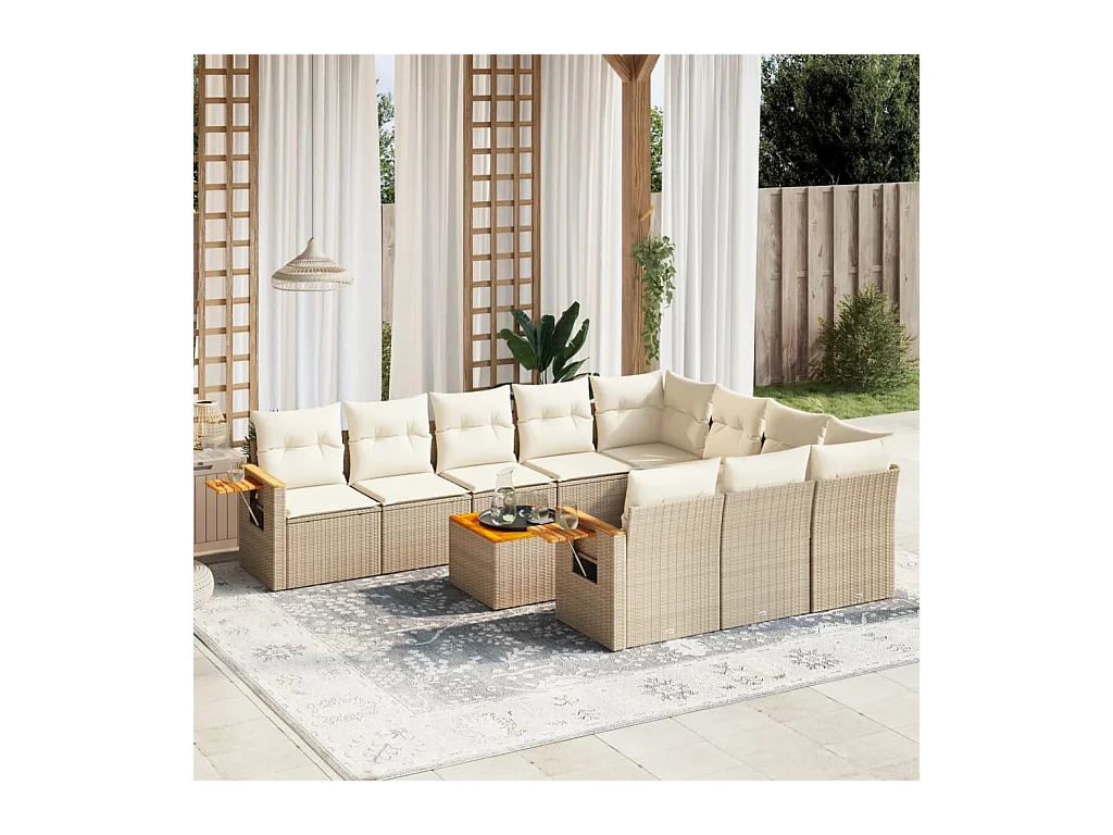 11 pcs conjunto sofás de jardim c/ almofadões vime PE bege