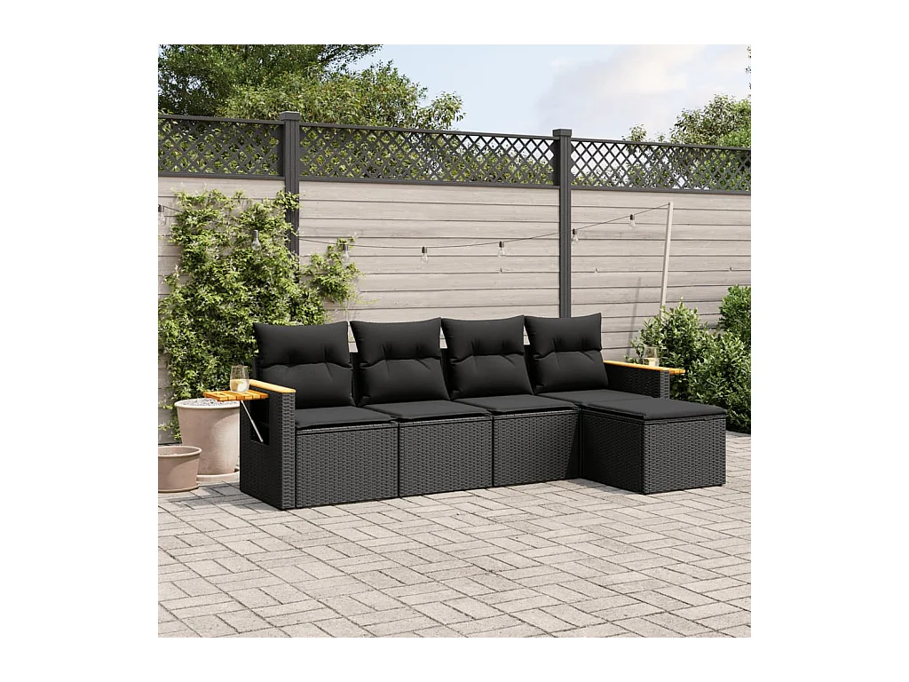 Salon de jardin 5 pcs avec coussins noir résine tressée