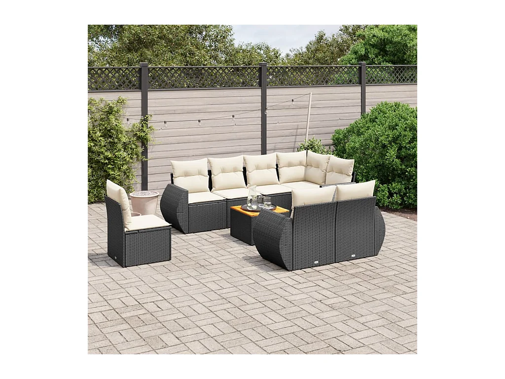 Set Divani da Giardino 9 pz con Cuscini Nero in Polyrattan