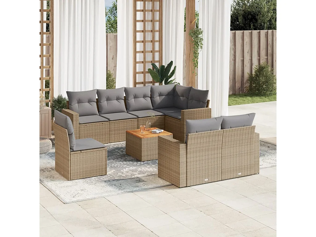 Set Divano da Giardino 9 pz con Cuscini Beige Misto Polyrattan