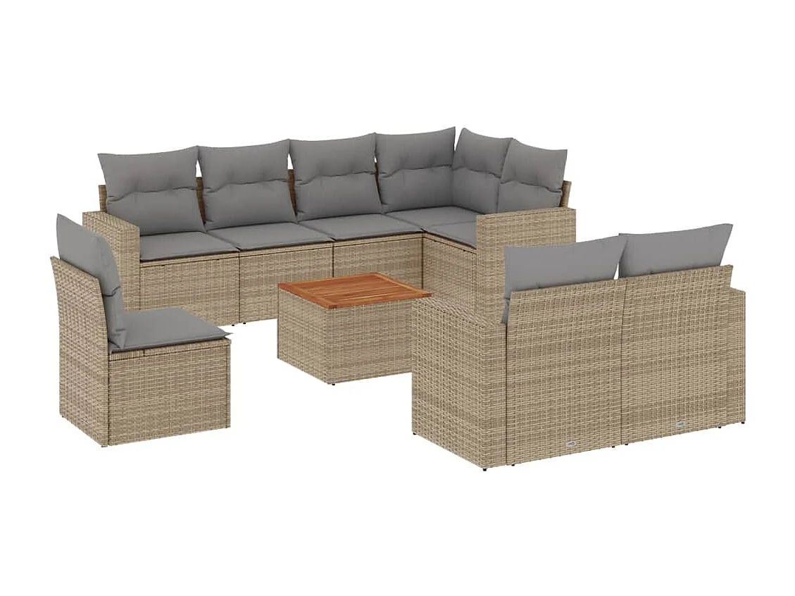 Set Divano da Giardino 9 pz con Cuscini Beige Misto Polyrattan