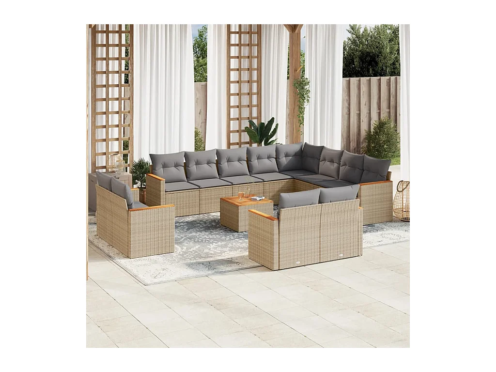 Salon de jardin avec coussins 13 pcs beige résine tressée