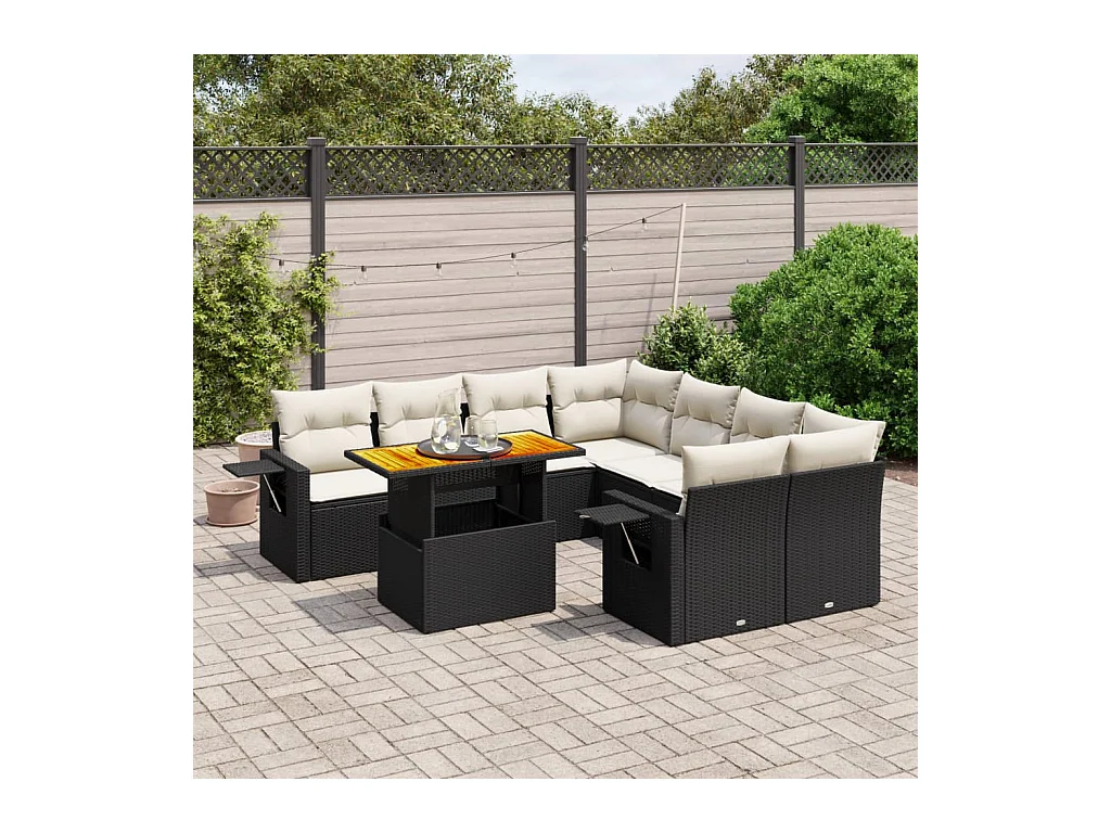 Salon de jardin 9 pcs avec coussins noir résine tressée