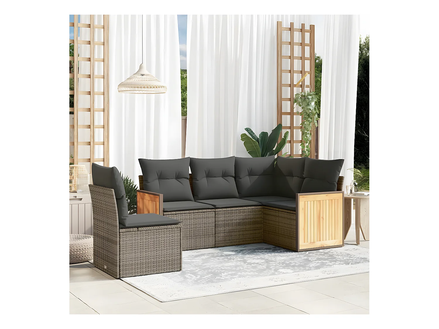 5-tlg. Garten-Sofagarnitur mit Kissen Grau Poly Rattan
