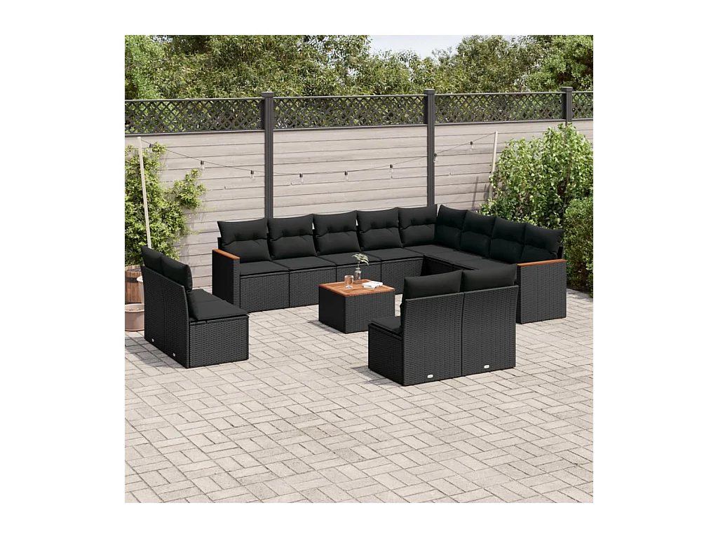 Salon de jardin avec coussins 13 pcs noir résine tressée