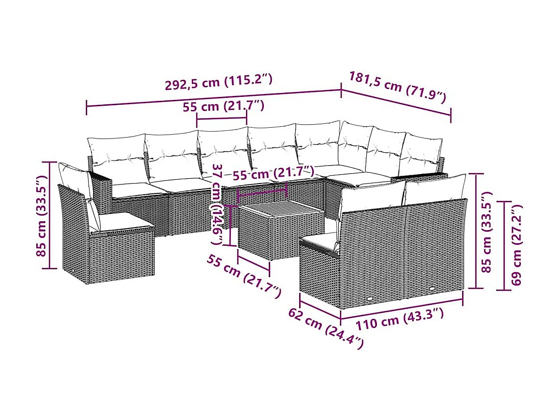 Salon de jardin 11 pcs avec coussins noir résine tressée