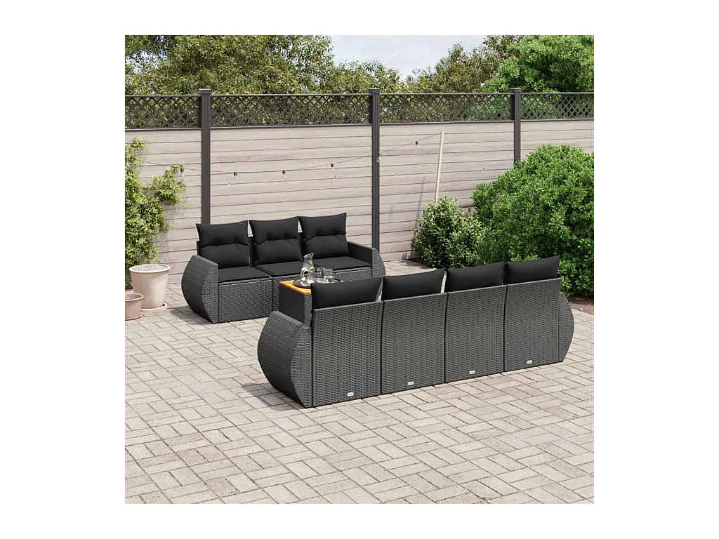 8-delige Loungeset met kussens poly rattan zwart