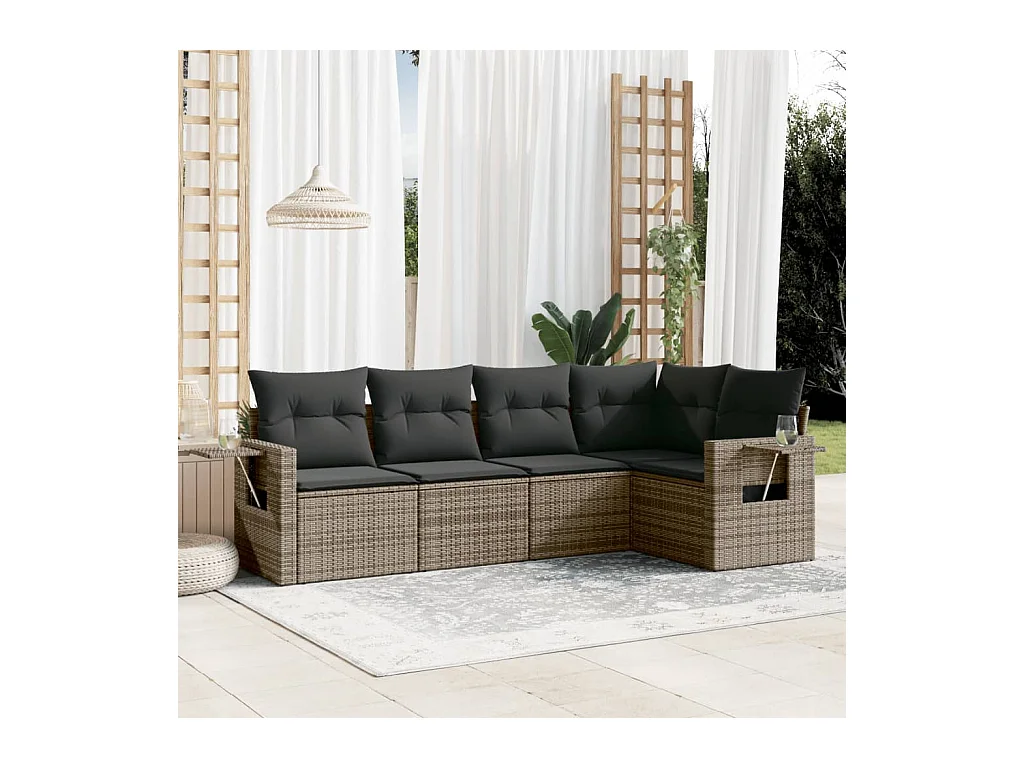 Set Divano da Giardino 5 pz con Cuscini Grigio in Polyrattan