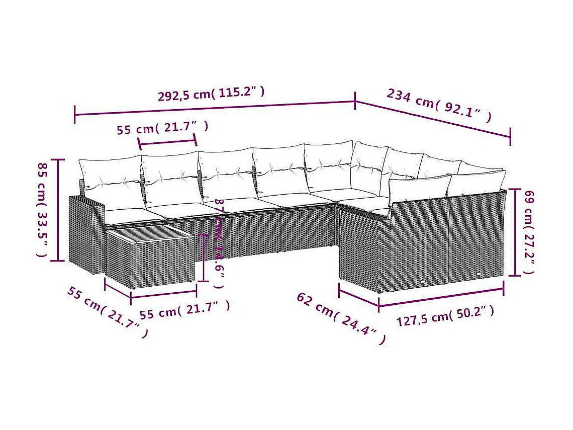 Salon de jardin 10 pcs avec coussins noir résine tressée