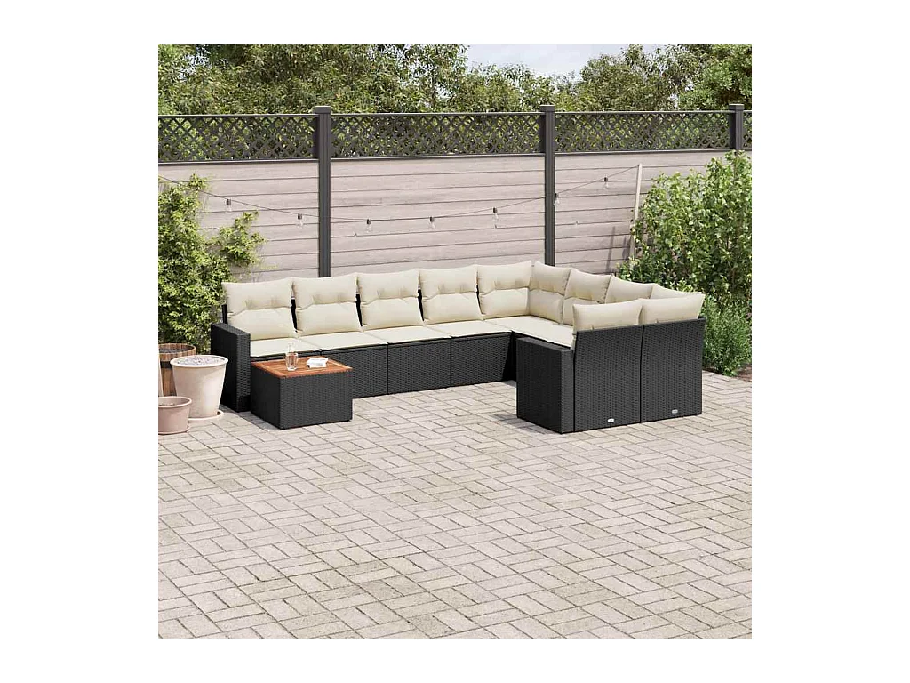 10-delige Loungeset met kussens poly rattan zwart