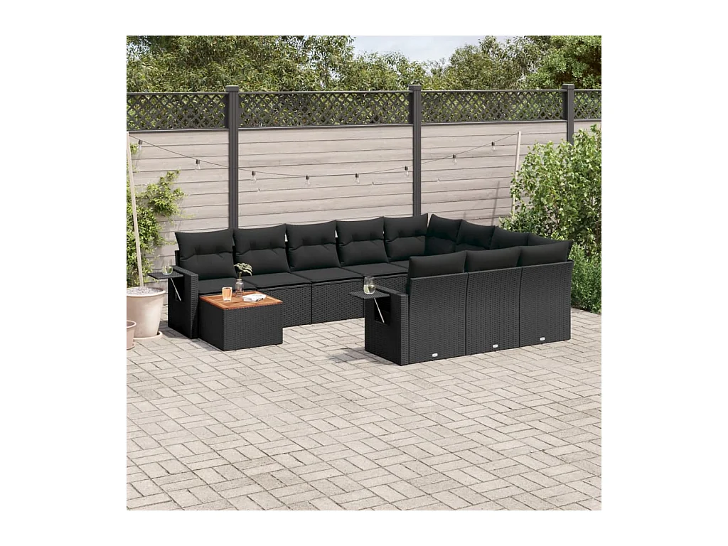Set de sofás de jardín 11 pzas y cojines ratán sintético negro