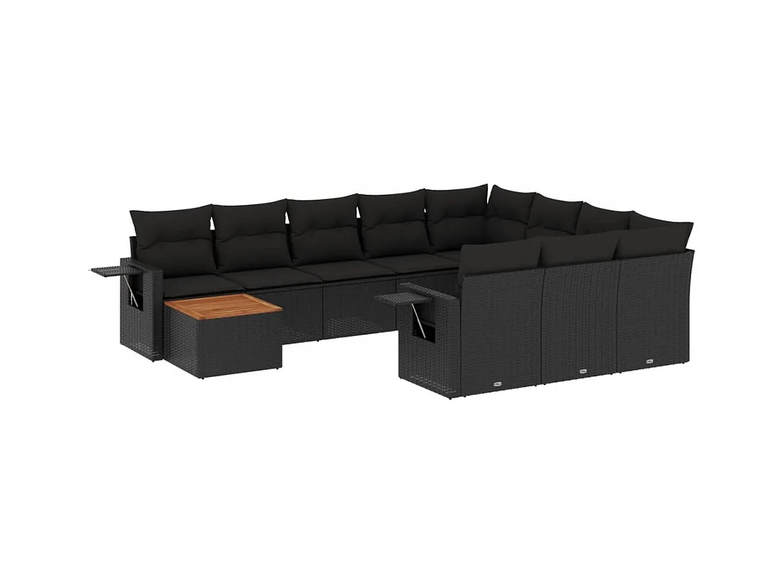 11-tlg. Garten-Sofagarnitur mit Kissen Schwarz Poly Rattan