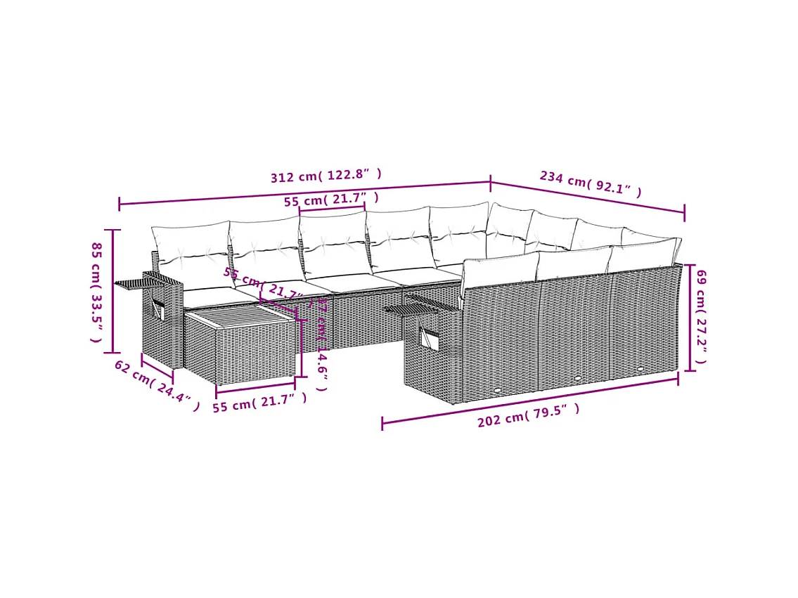 11-tlg. Garten-Sofagarnitur mit Kissen Schwarz Poly Rattan