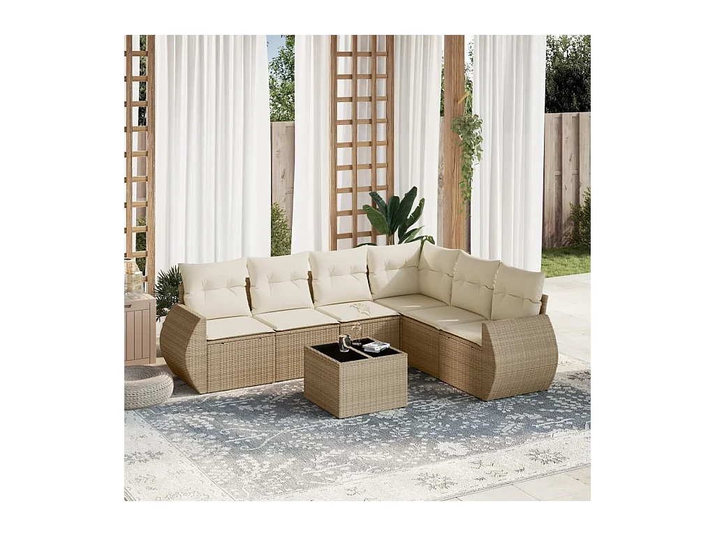 Salon de jardin avec coussins 7 pcs beige résine tressée