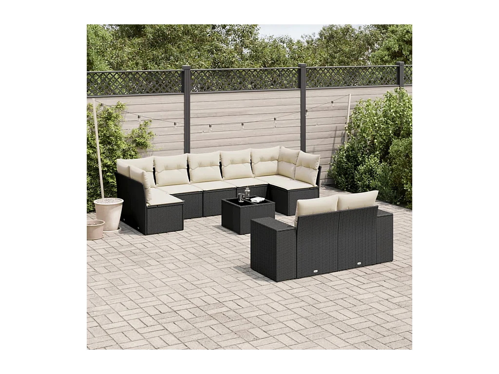 Salon de jardin 10 pcs avec coussins noir résine tressée