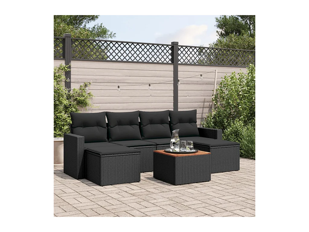 7-delige Loungeset met kussens poly rattan zwart