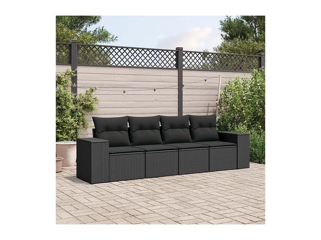 Salon de jardin 4 pcs avec coussins noir résine tressée
