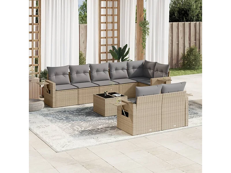 Set Divano da Giardino 9 pz con Cuscini Beige in Polyrattan