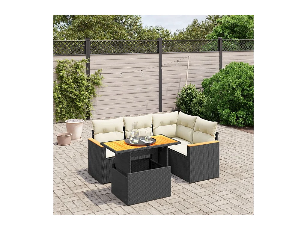 Salon de jardin 5 pcs avec coussins noir résine tressée