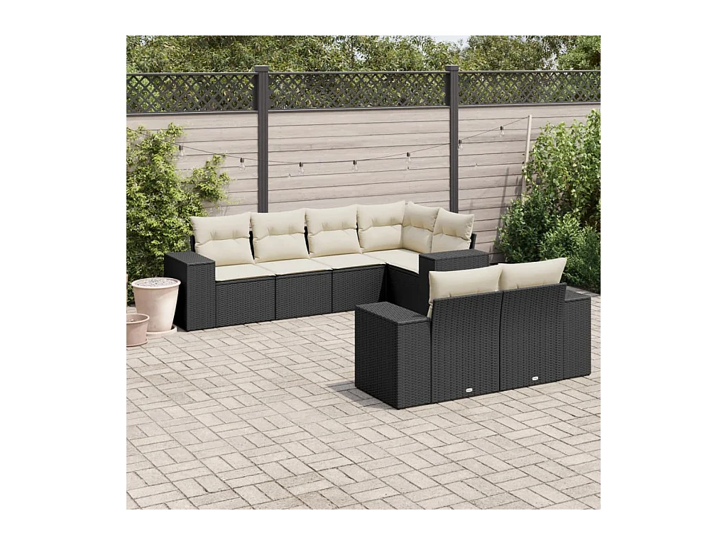 Salon de jardin 7 pcs avec coussins noir résine tressée