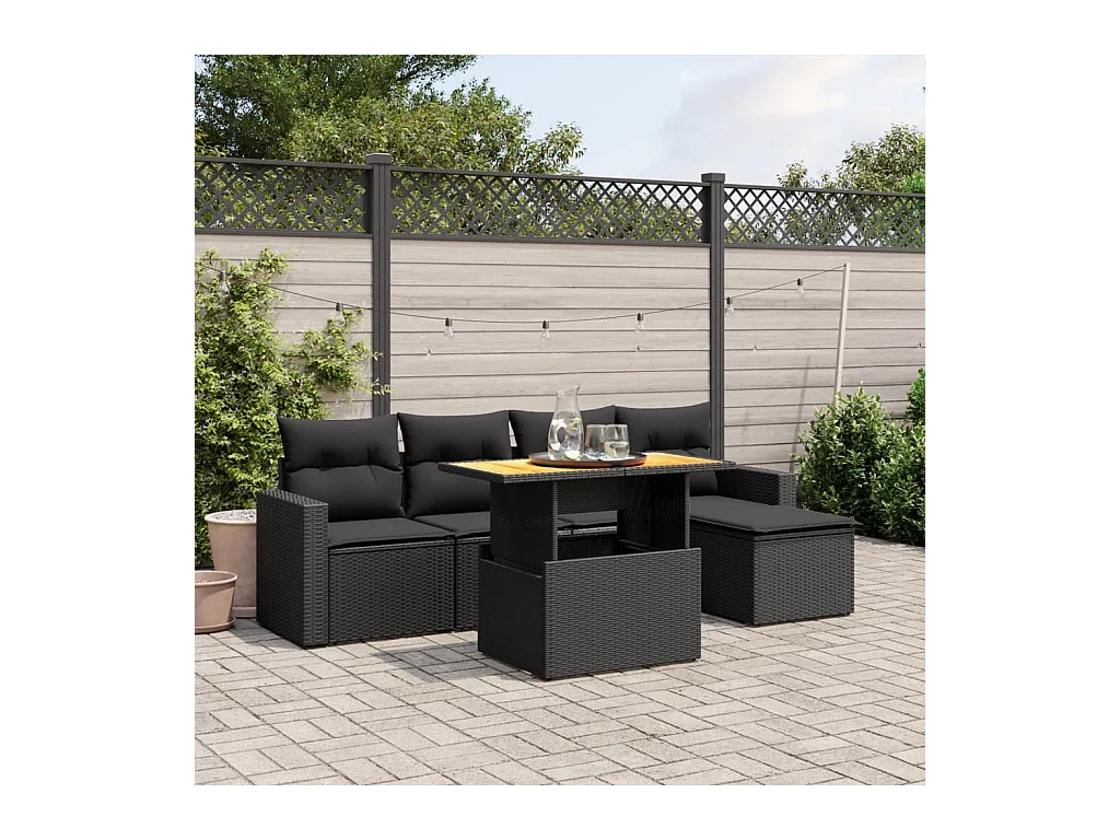 6-tlg. Garten-Sofagarnitur mit Kissen Schwarz Poly Rattan
