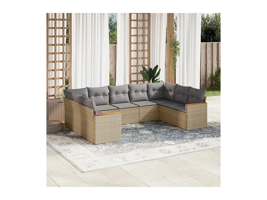 Set Divano da Giardino 9 pz con Cuscini Beige Misto Polyrattan