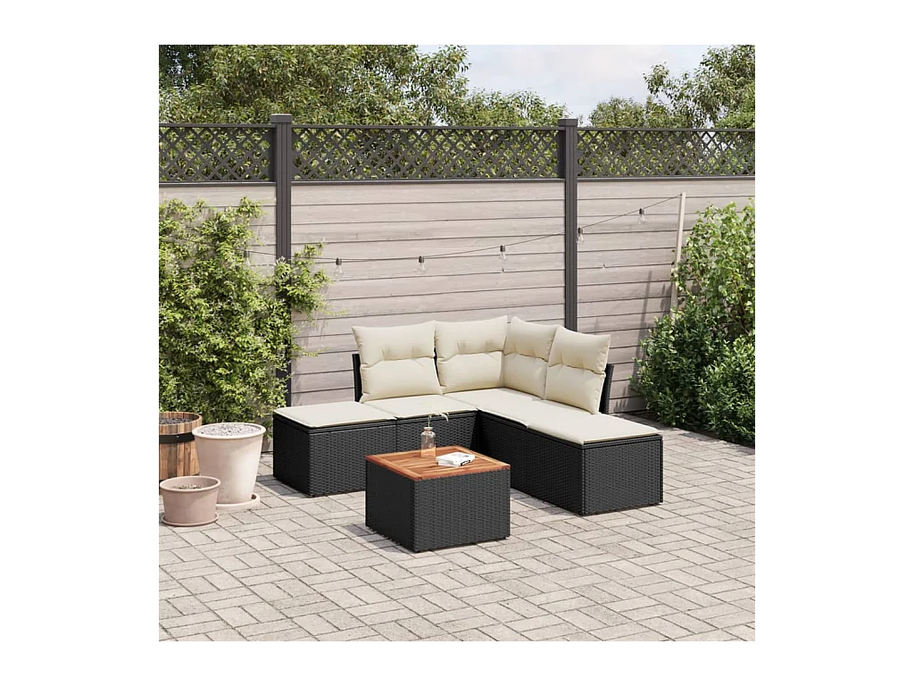 Salon de jardin 6 pcs avec coussins noir résine tressée