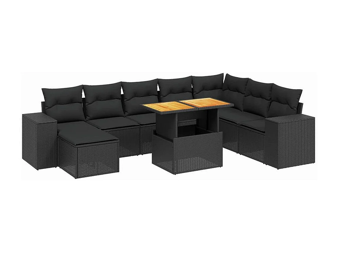 9-tlg. Garten-Sofagarnitur mit Kissen Schwarz Poly Rattan