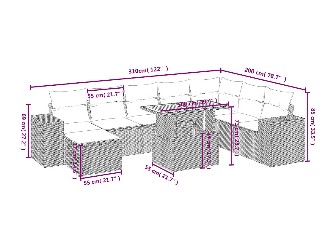 9-tlg. Garten-Sofagarnitur mit Kissen Schwarz Poly Rattan