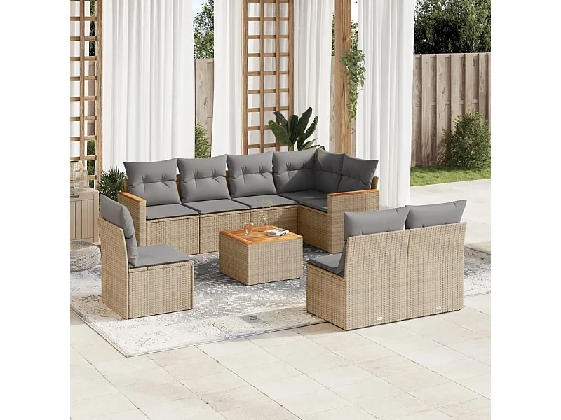 9-delige Loungeset met kussens poly rattan beige