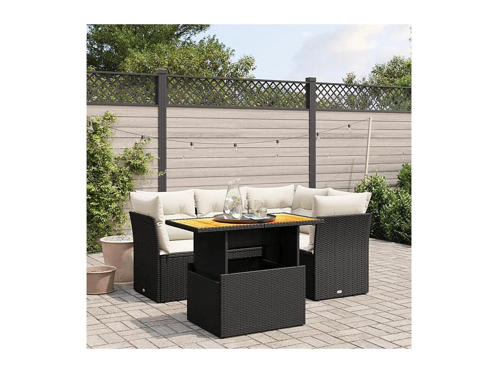 Salon de jardin 5 pcs avec coussins noir résine tressée