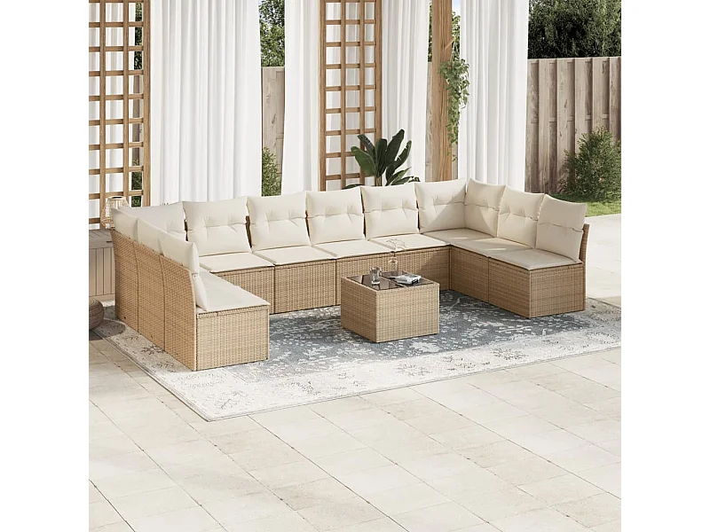 11-tlg. Garten-Sofagarnitur mit Kissen Beige Poly Rattan