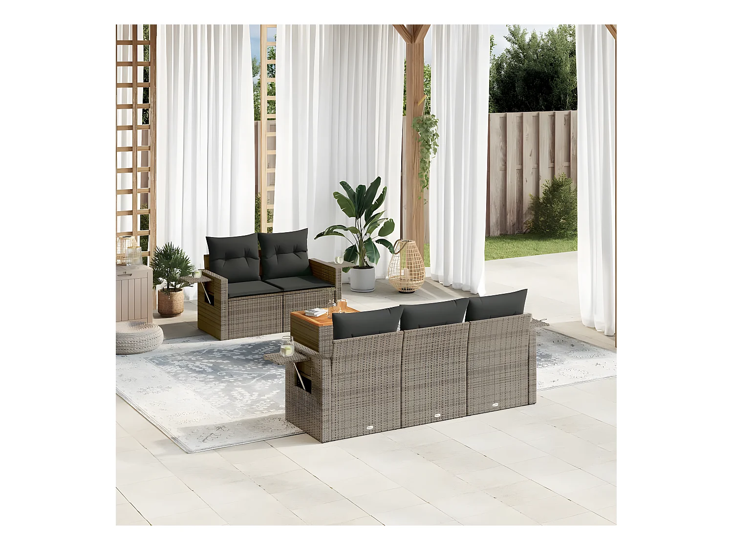 6-delige Loungeset met kussens poly rattan grijs