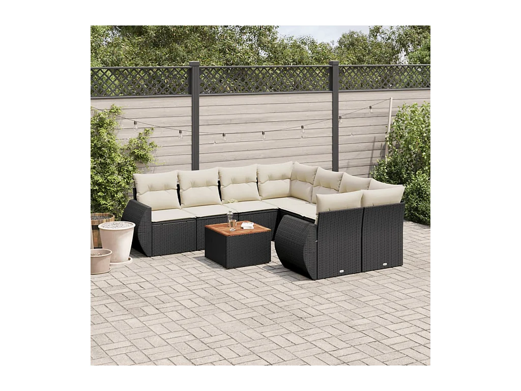 Salon de jardin 9 pcs avec coussins noir résine tressée