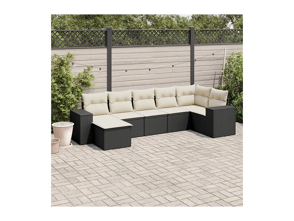 7-tlg. Garten-Sofagarnitur mit Kissen Schwarz Poly Rattan