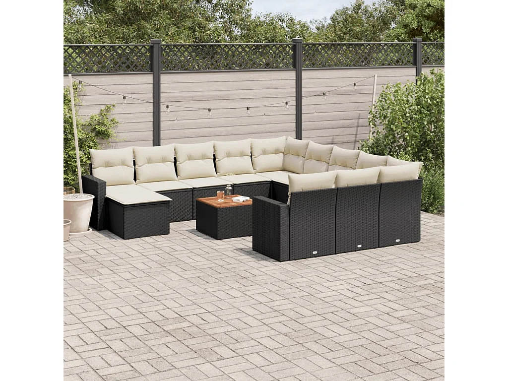 13-delige Loungeset met kussens poly rattan zwart