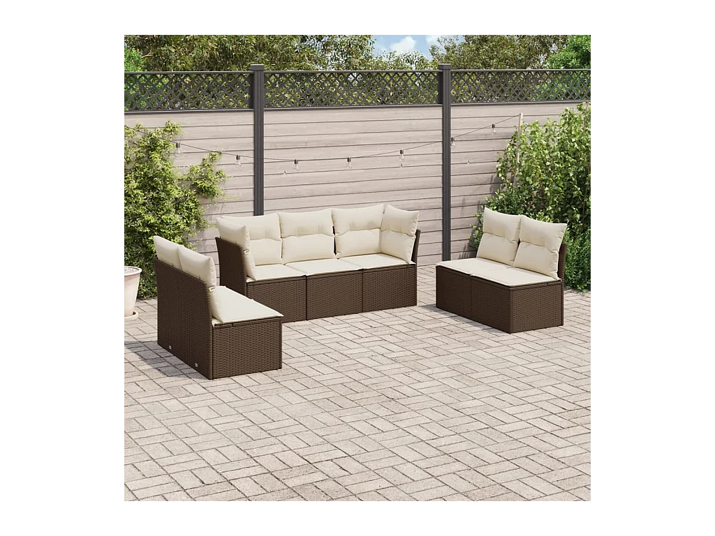 Salon de jardin avec coussins 7 pcs marron résine tressée