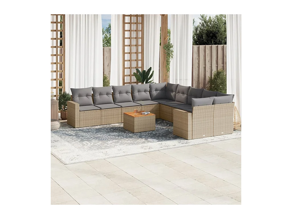 Salon de jardin et coussins 11 pcs mélange beige résine tressée