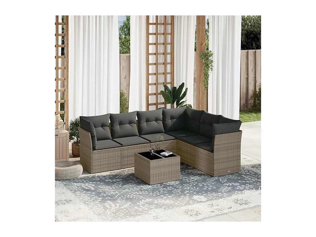 Salon de jardin avec coussins 7 pcs gris résine tressée