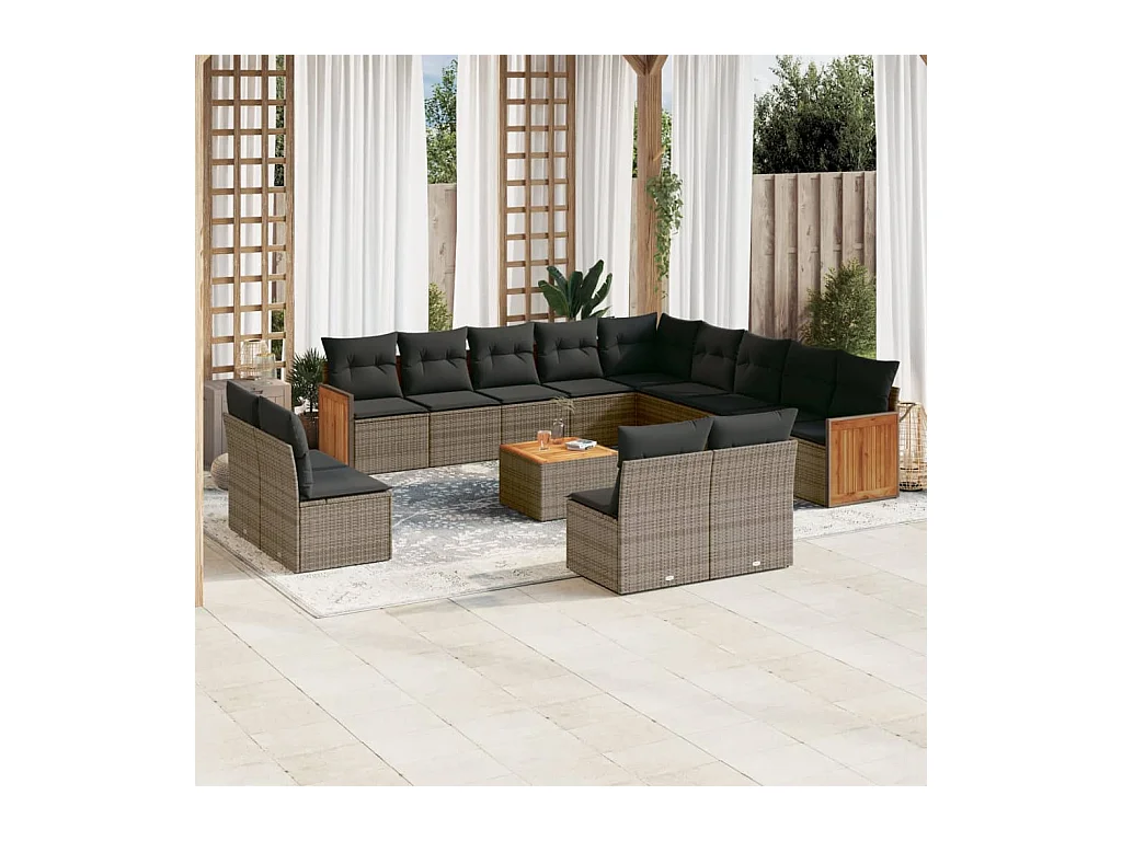 Set Divani da Giardino 14pz con Cuscini in Polyrattan Grigio