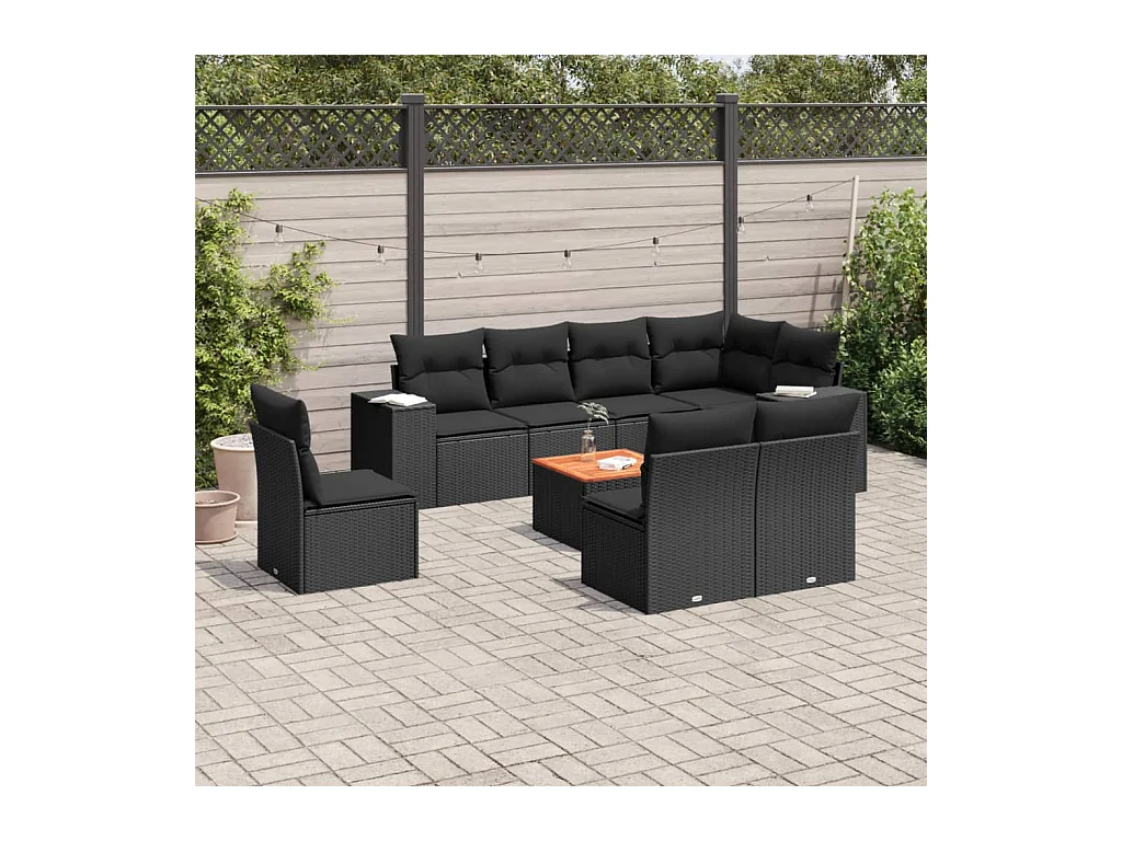 Set Divani da Giardino 9 pz con Cuscini Nero in Polyrattan