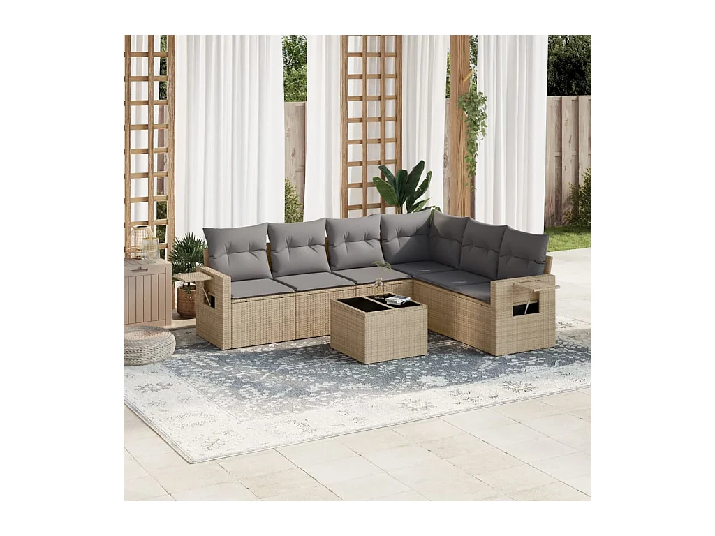 Set sofás de jardín 7 piezas y cojines ratán sintético beige