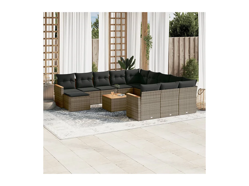 Salon de jardin avec coussins 13 pcs gris résine tressée