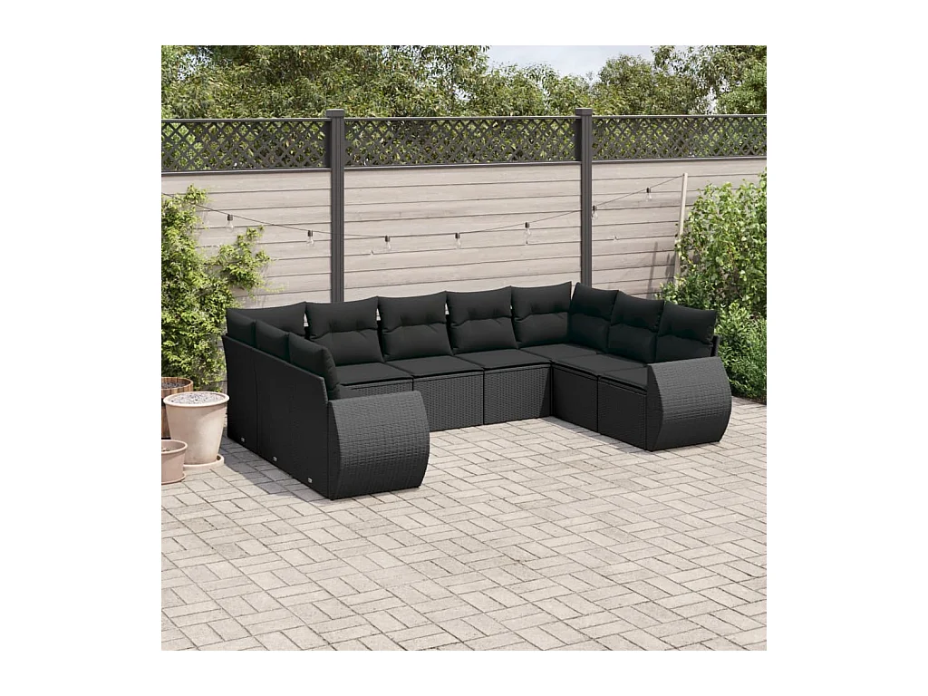 Salon de jardin 9 pcs avec coussins noir résine tressée