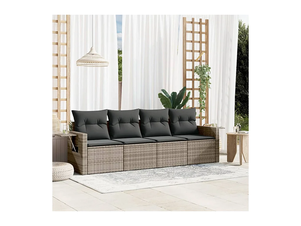 4-tlg. Garten-Sofagarnitur mit Kissen Grau Poly Rattan