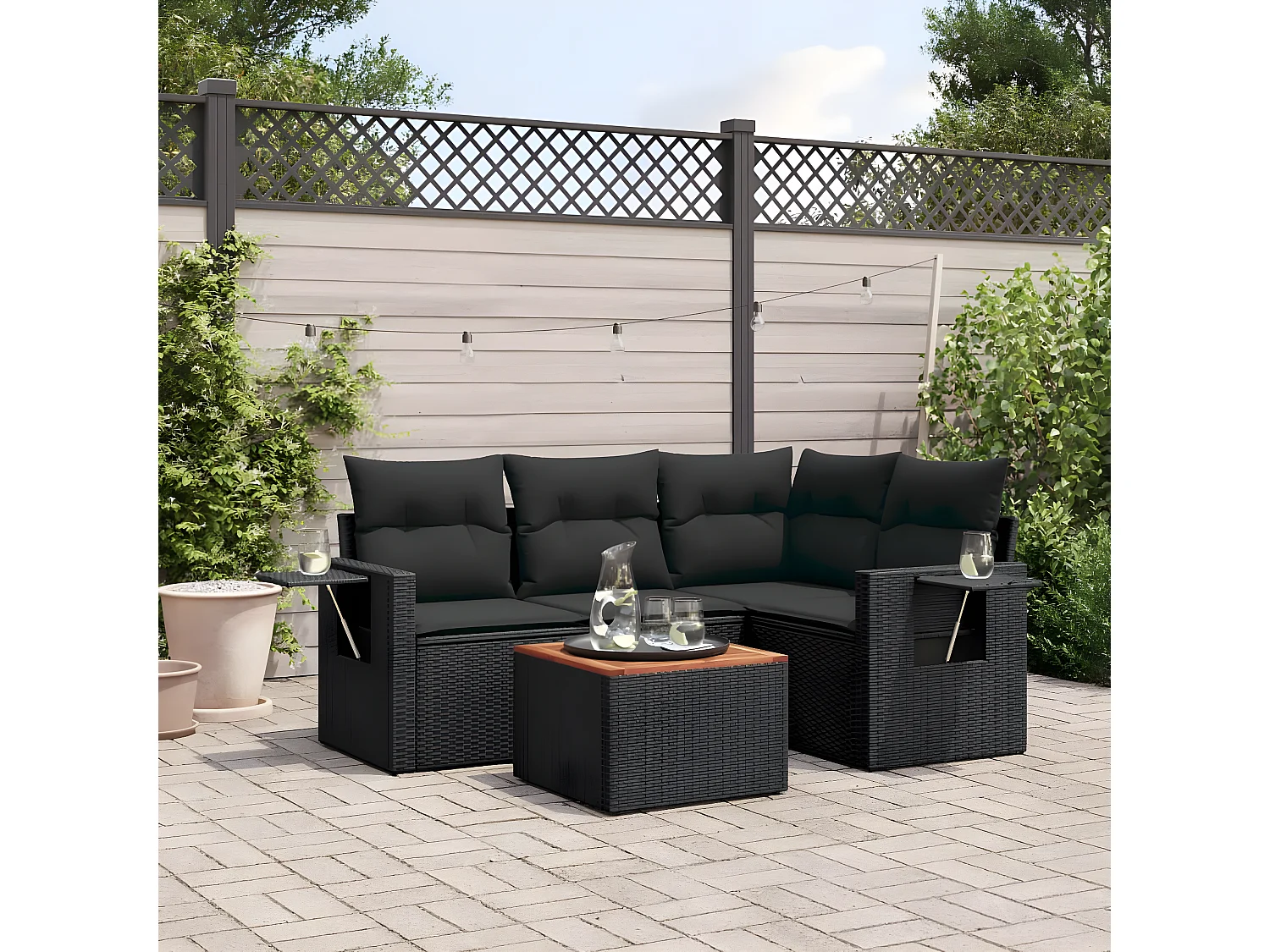 5-tlg. Garten-Sofagarnitur mit Kissen Schwarz Poly Rattan