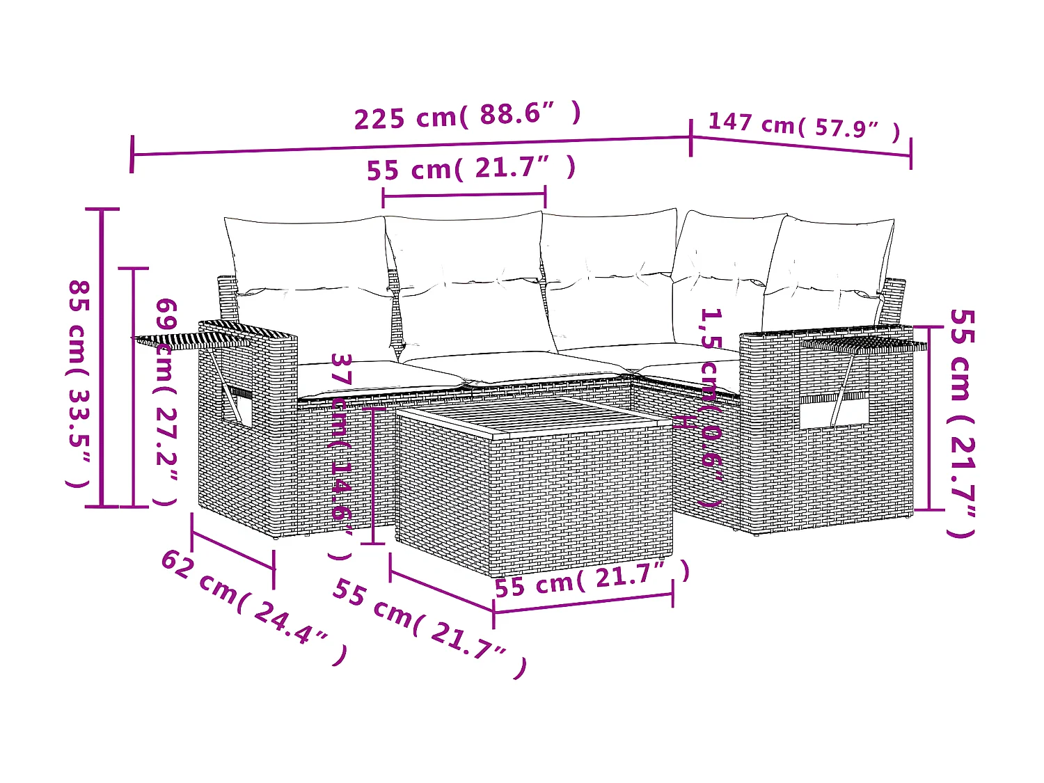 5-tlg. Garten-Sofagarnitur mit Kissen Schwarz Poly Rattan